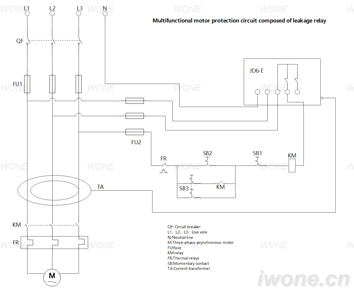 Multifunctional motor protection circuit composed of leakage relay