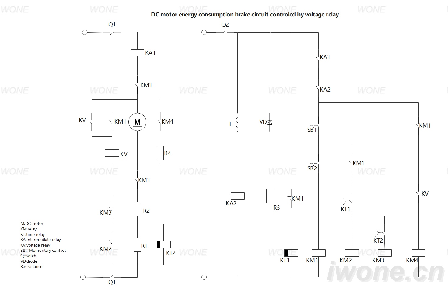 Circuitus freneticus consumptivus motoris DC regit relé voltage