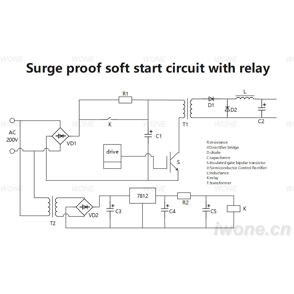 Surge proof soft start circuit with relay