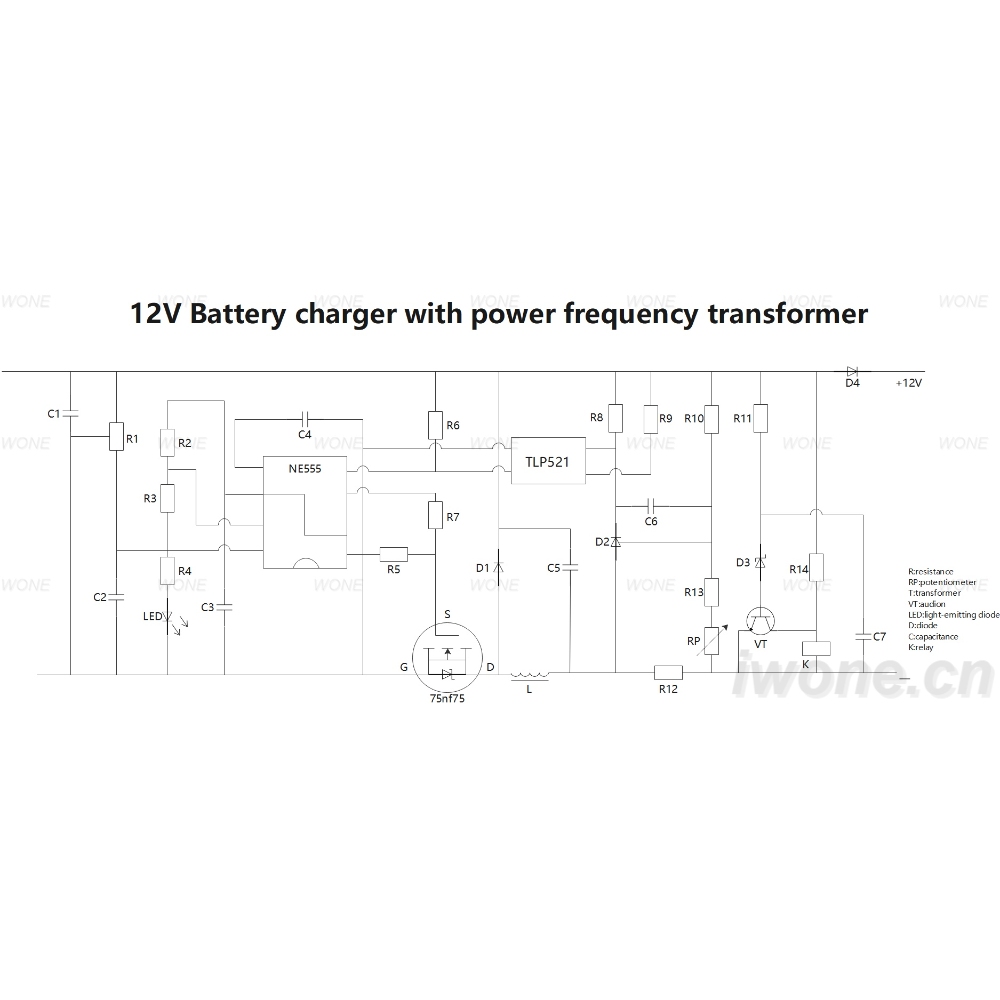 12V Pil şarj cihazı güç frekanslı transformatörle