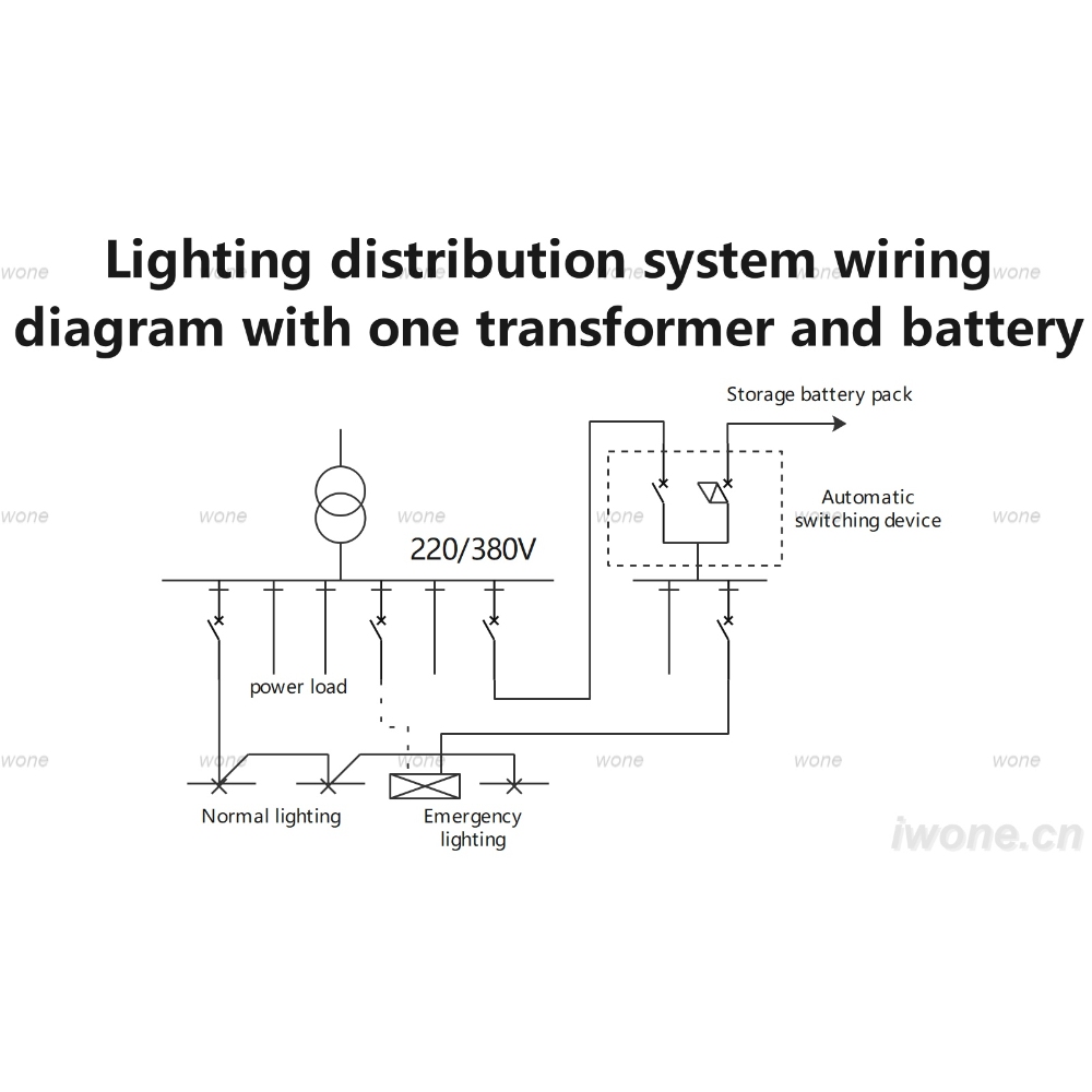 Esquema de cableado del sistema de distribució d'il·luminació amb un transformador i una bateria