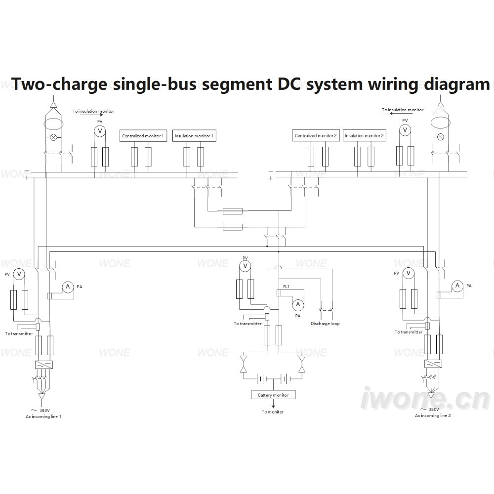Diagrama de conexión dun sistema DC de segmento de barramento simple con dúas cargas