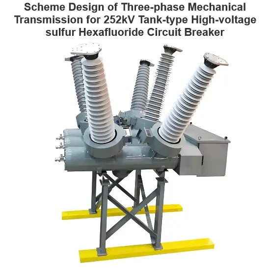 Conception de schéma de transmission mécanique triphasée pour disjoncteur haute tension à soufre hexafluoridé de type cuve 252 kV
