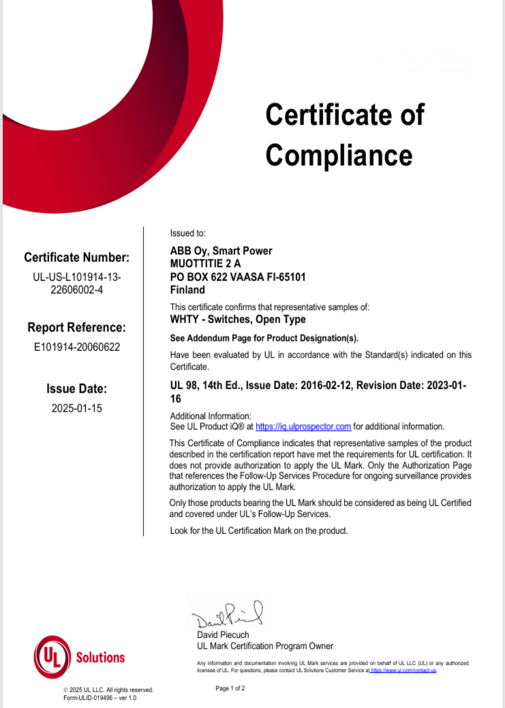 cULus certificate OT600 and OTHV400