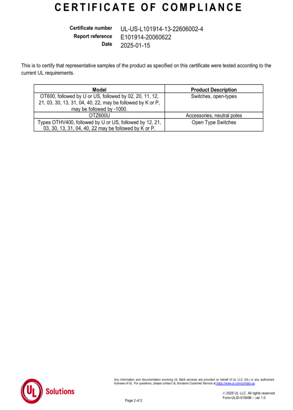 cULus certificate OT600 and OTHV400