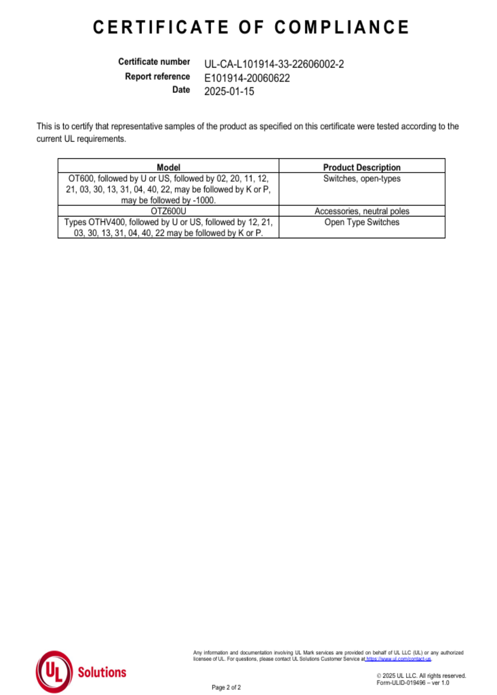 cULus certificate OT600 and OTHV400