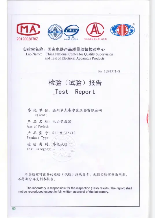 S11-M-315/10 Power Transformer Commissioned Test