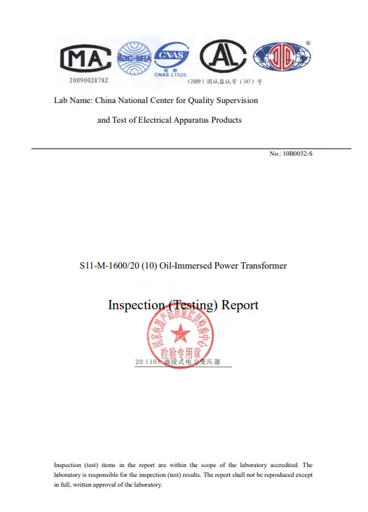S11-M-1600/20 Oil-Immersed Power Transformer Testing Report 