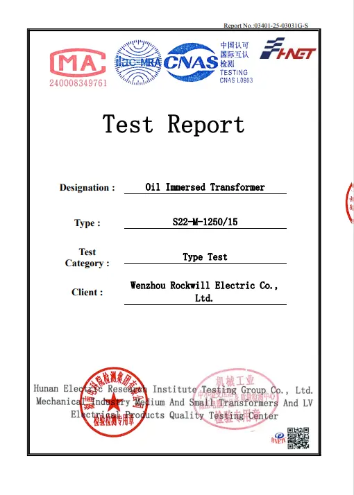 S22-M-1250/15 Oil Immersed Transformer
