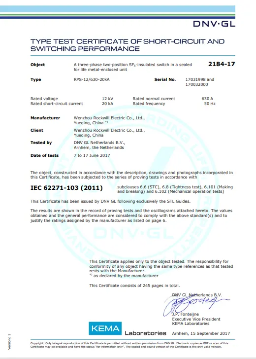 RPS-12/630 Short-Circuit & Switching Performance of SF6 Load Break Switch