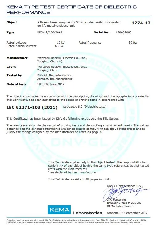 RPS-12/630 Dielectric Insulation Performance for SF6 Load Break Switch