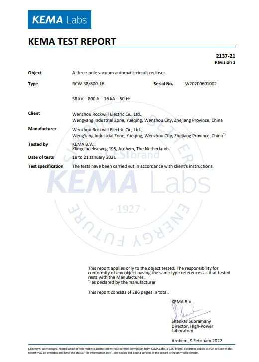  RCW-38/800-16 KEMA Comprehensive Type Test for Three-Pole Vacuum Automatic Circuit Recloser