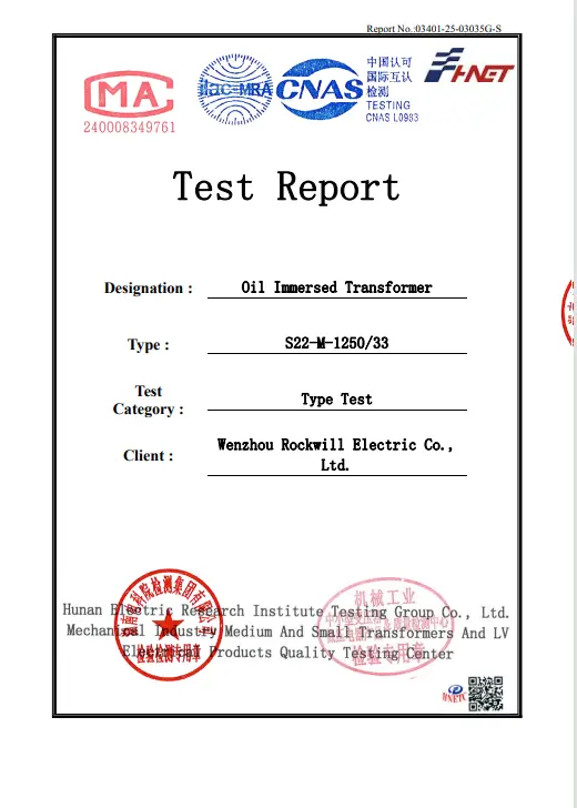 S22-M-1250/33 oil immersed transformer type test