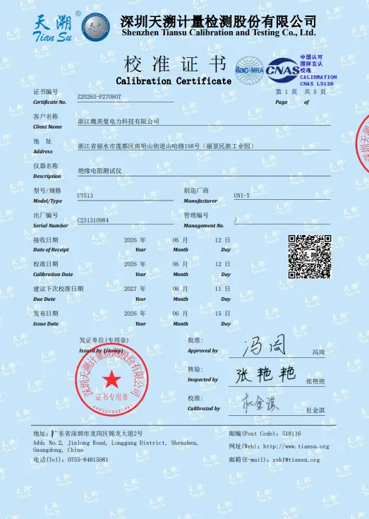 UT513 Insulation Resistance Tester Calibration Certificate