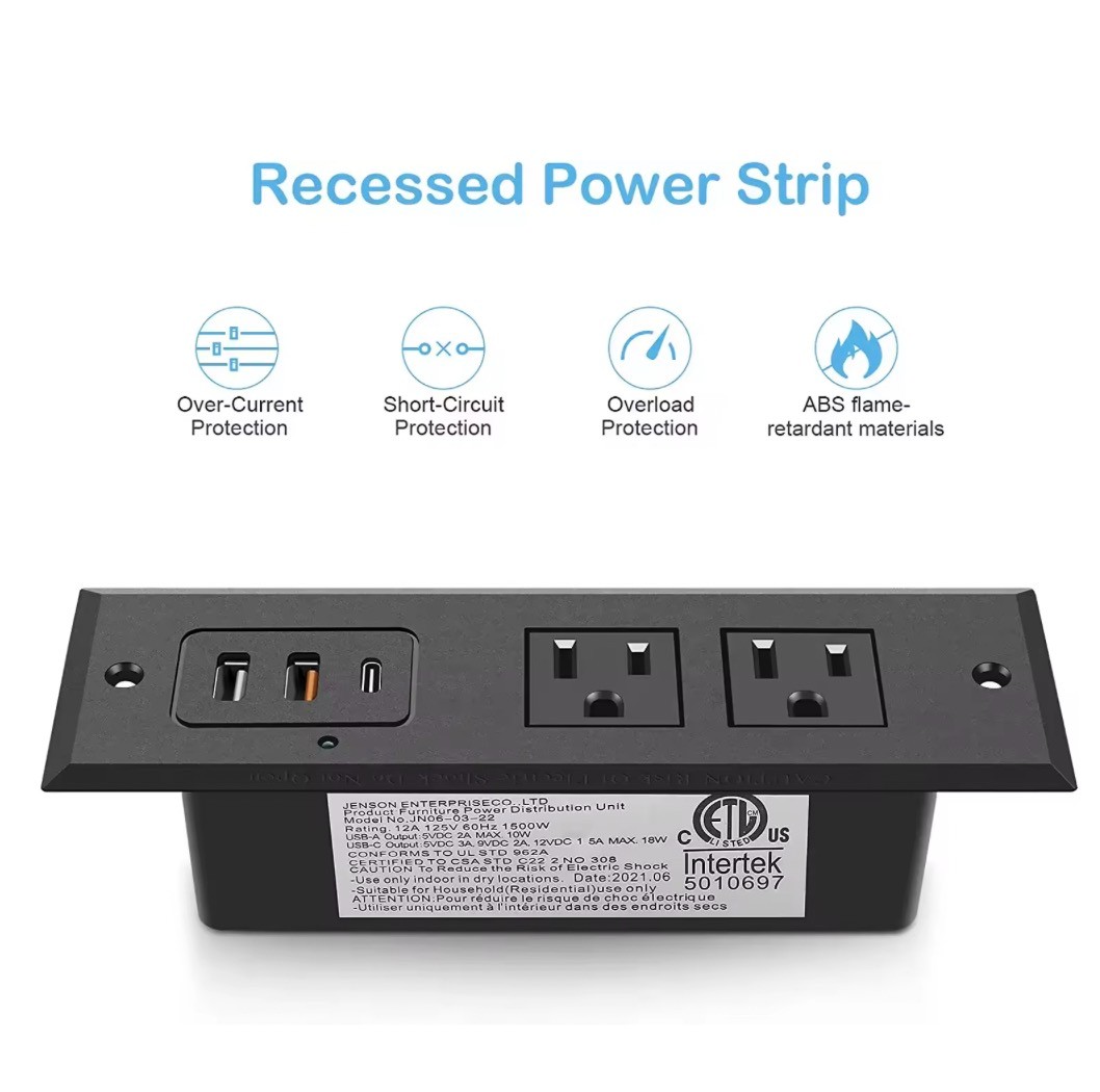 Recessed Power Strip with 20W USB C Port, Fast Charging USB A Port Desk Outlet, Furniture Hidden Charging Station for Side Table