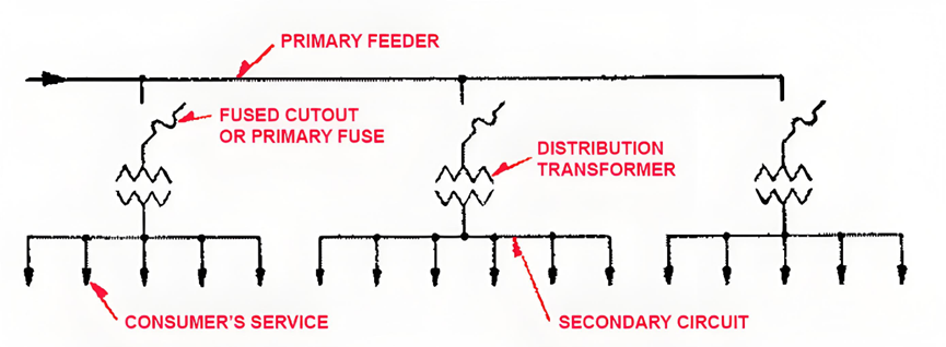 How primary feeder, distribution transformer, fuses and service operate in radial networks