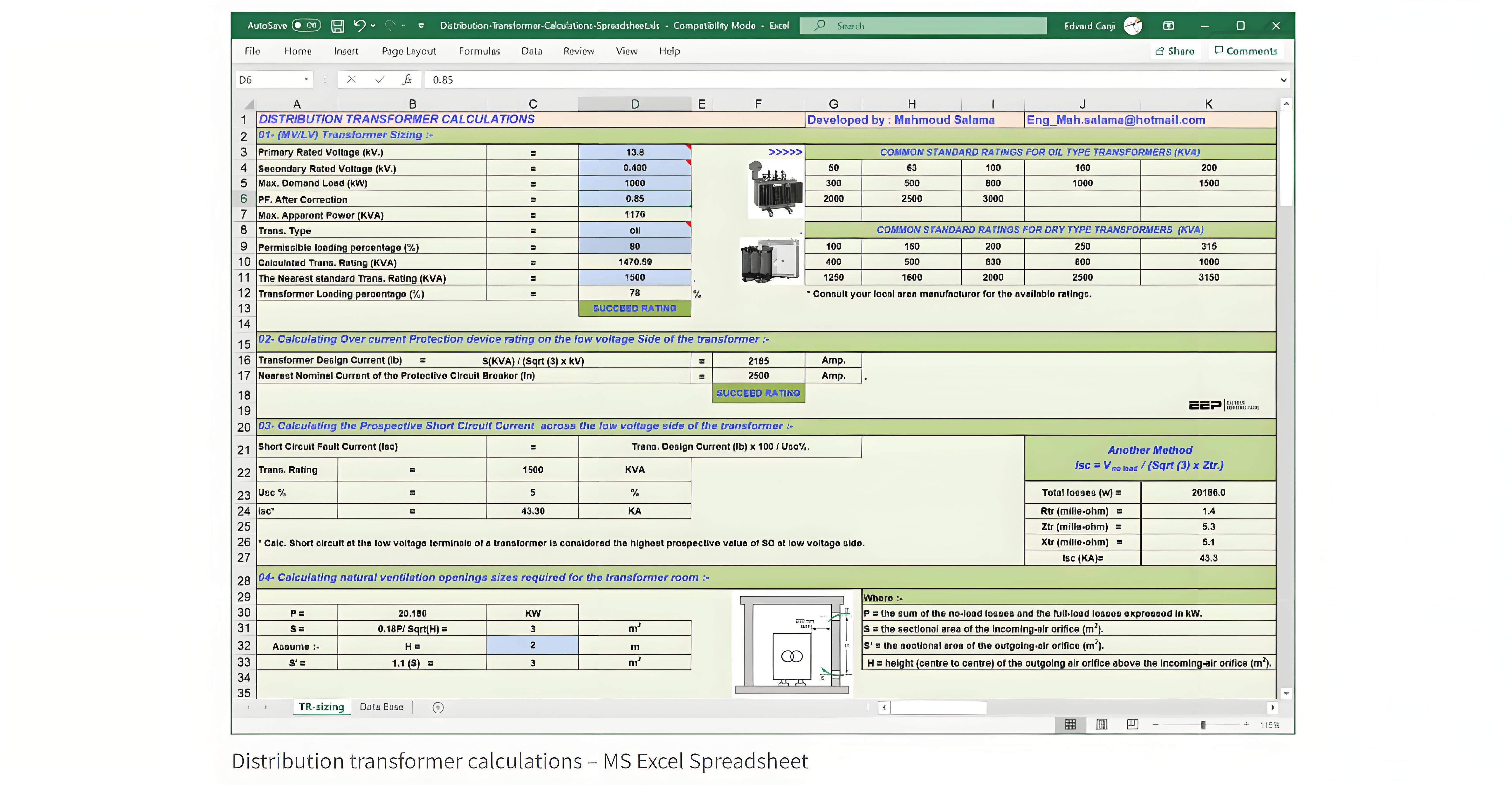 Distribution transformer calculations – MS Excel Spreadsheet