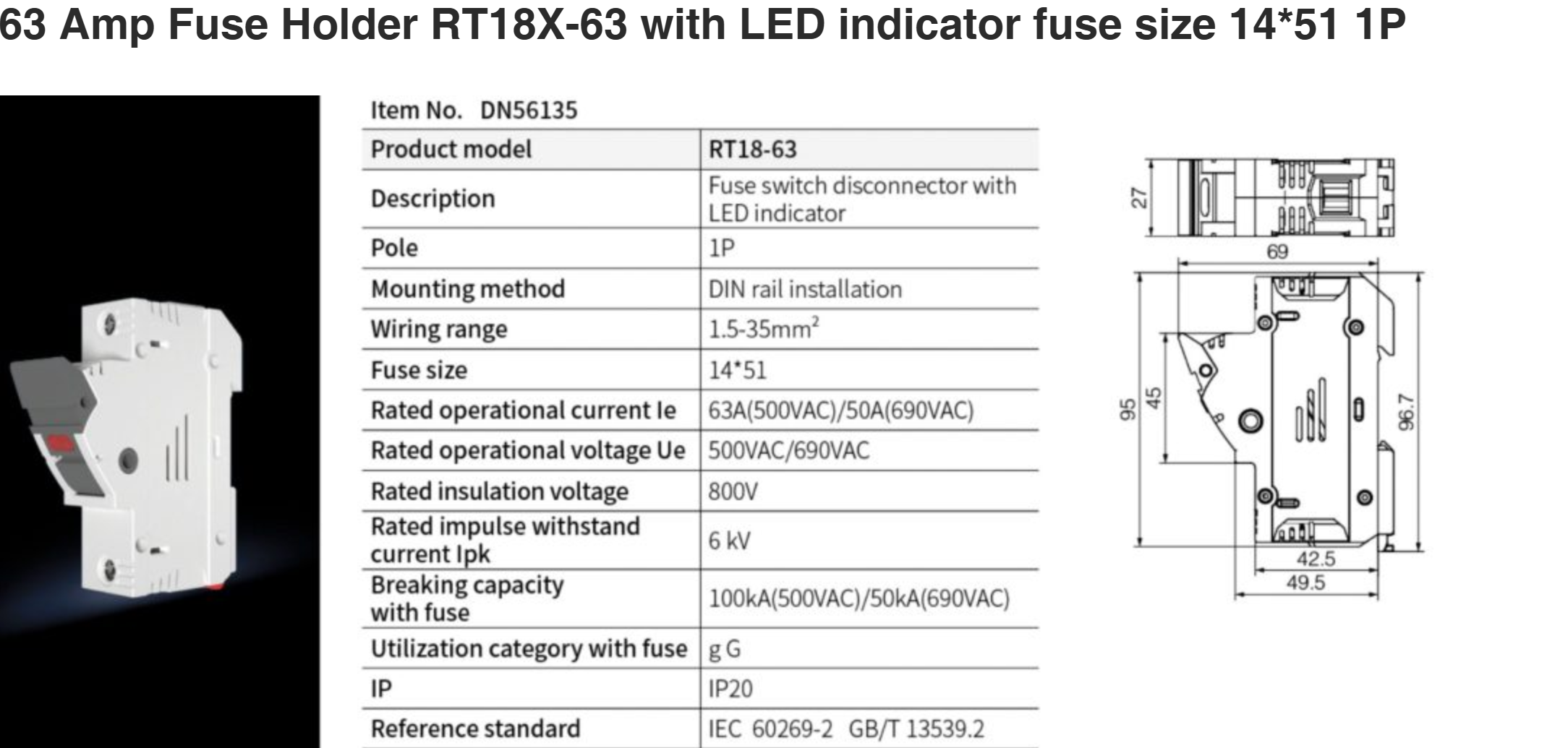 Держатель предохранителя RT18X-63 с LED-индикатором размер предохранителя 14*51