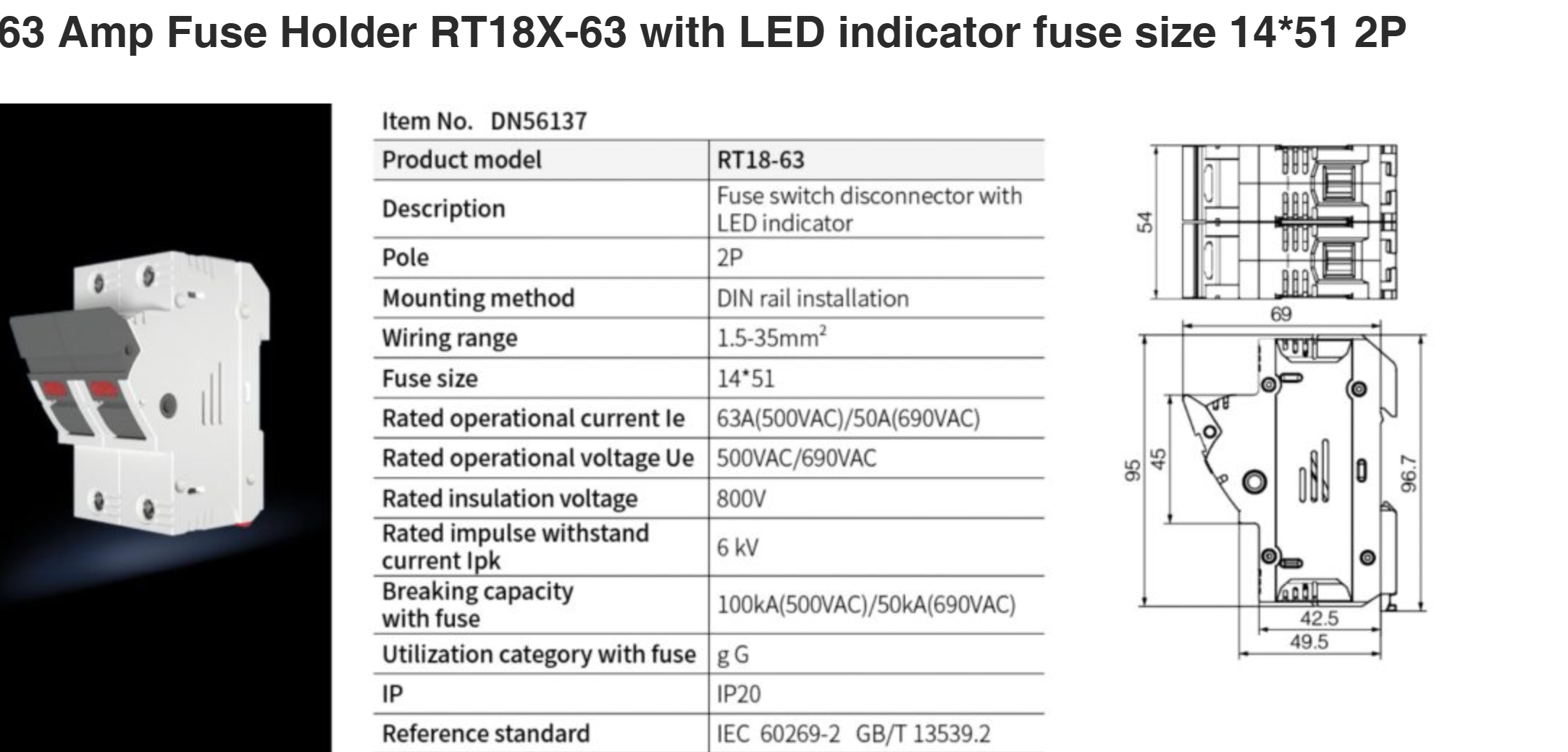 Держатель предохранителя RT18X-63 с LED-индикатором размер предохранителя 14*51