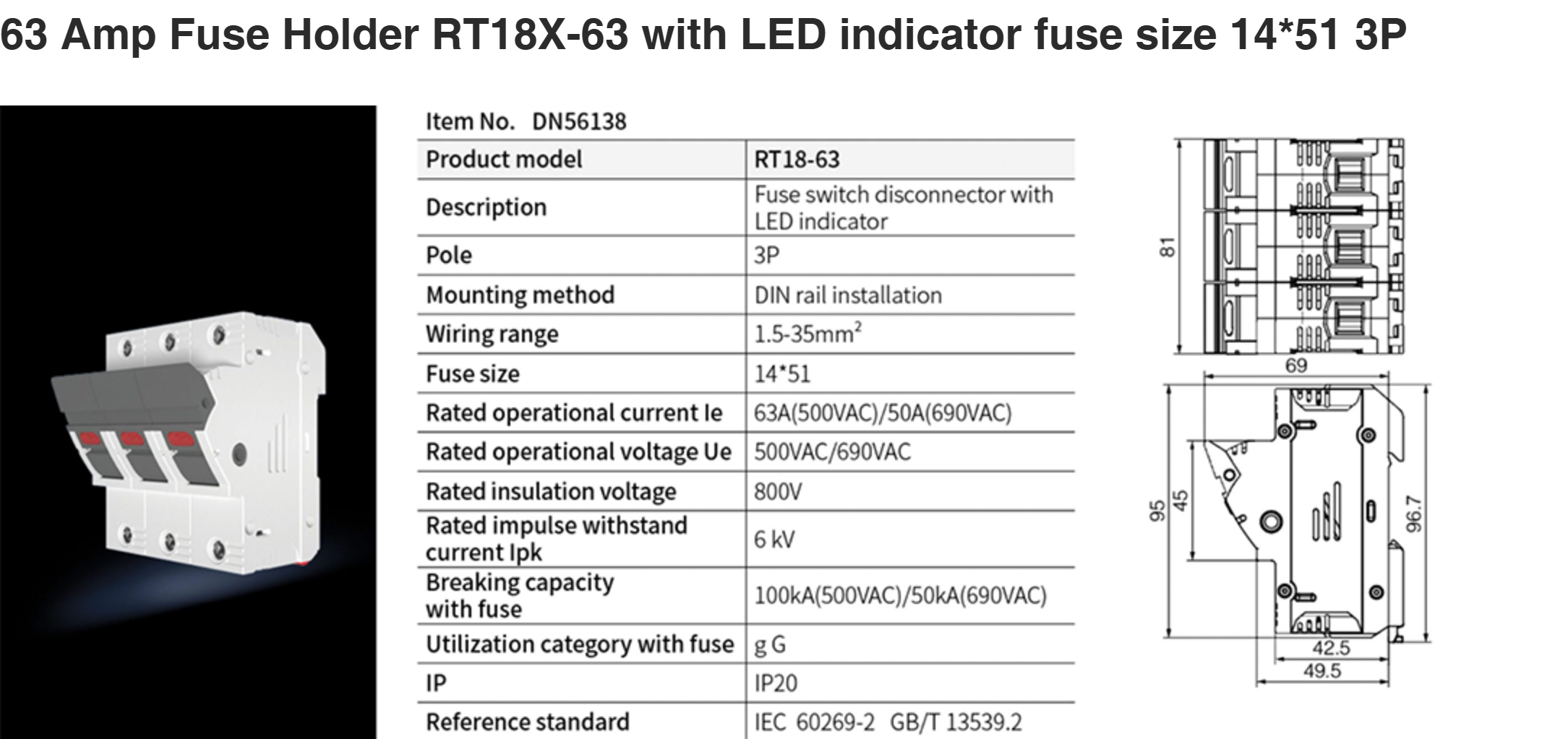 Держатель предохранителя RT18X-63 с LED-индикатором размер предохранителя 14*51