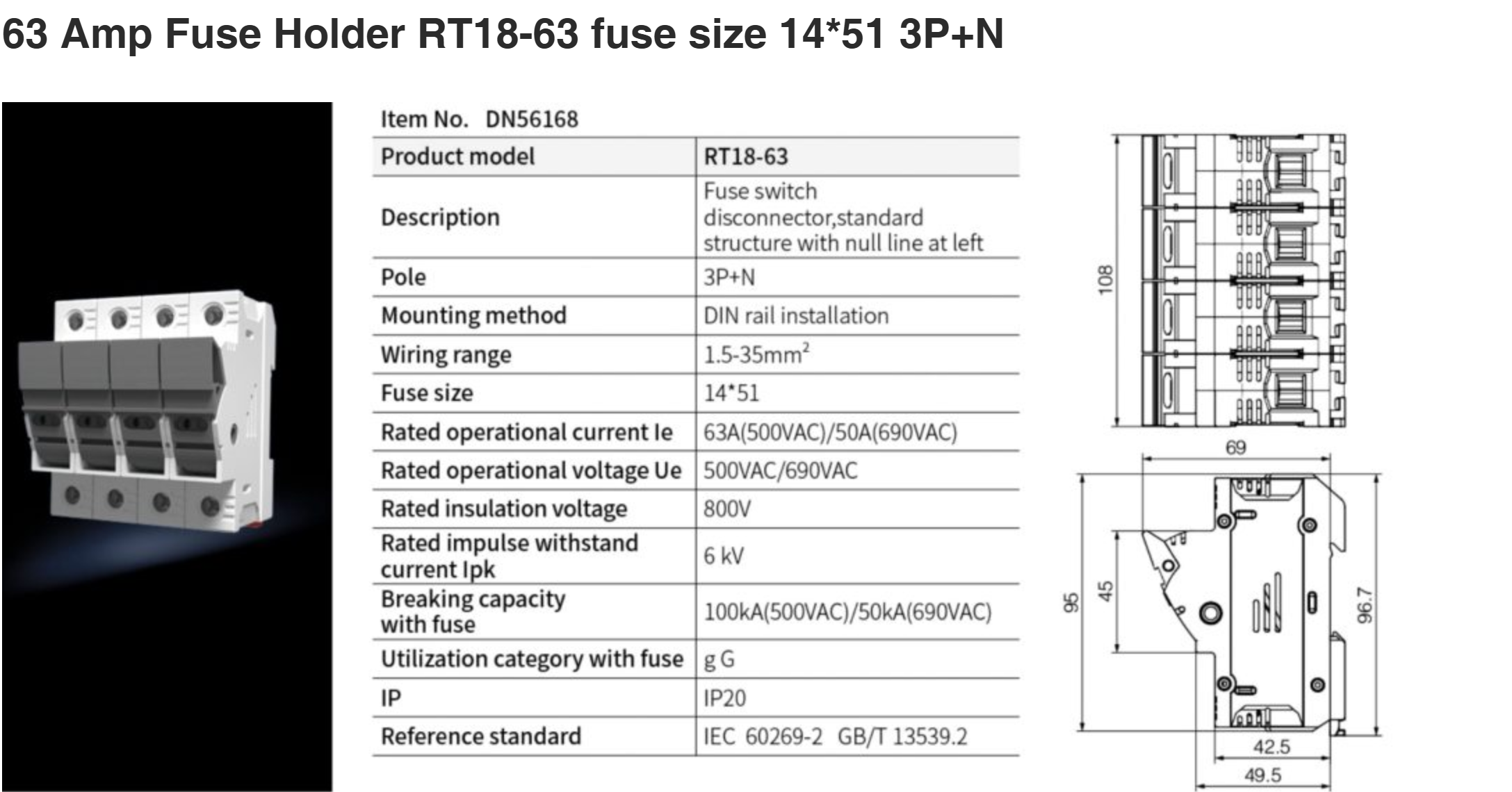 Держатель предохранителя RT18X-63 с LED-индикатором размер предохранителя 14*51