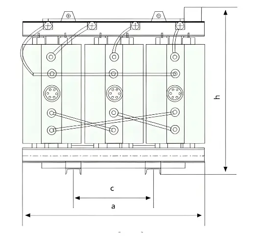 Technical schematic with dimensions for MV dry-type earthing transformer cross-wiring