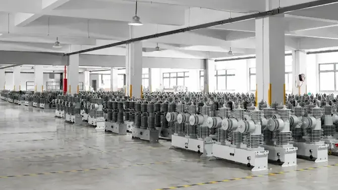  Rows of outdoor vacuum reclosers ready for shipment at a professional Vacuum Recloser supplier factory.